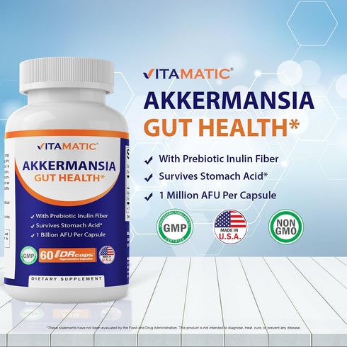 Vitamatic Akkermansia Muciniphila Gut Health, 60 DR Capsules, Prebiotic Inulin Fiber