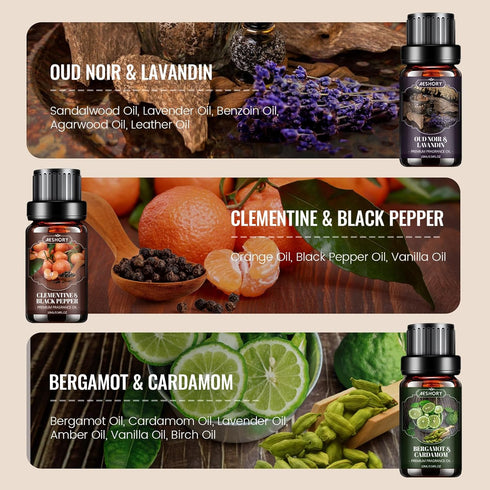 Set, Kit(6x10ML) Men Essential Oils Fragrance Oil for Diffuser, Leather, Tobacco, Cedar, Bourbon Whisky, Bergamot
