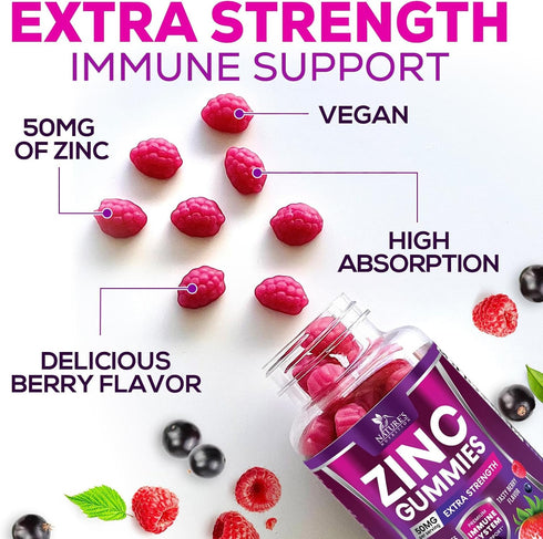 Zinc Gummies 50mg, Bone Skin & Immune Support, Vegan Gluten Free Chewable Supplements, 60 Gummies