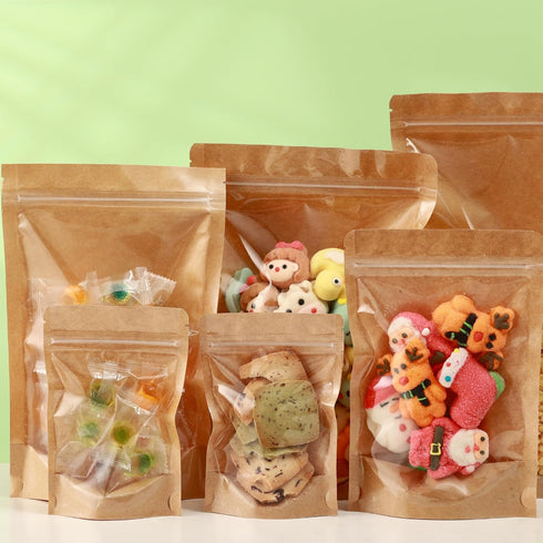 300-Pack Kraft Paper Bags with Clear Window 5" x 8", Resealable Smell Proof Zip Lock Pouch for Food Storage