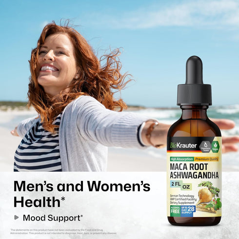 Maca Root and Ashwagandha Tincture - Organic Maca & Ashwagandha Supplements for Men & Women - Adaptogenic Liquid Supplement for Mood Support - Alcohol and Sugar Free - Vegan Drops 2 Fl.Oz.