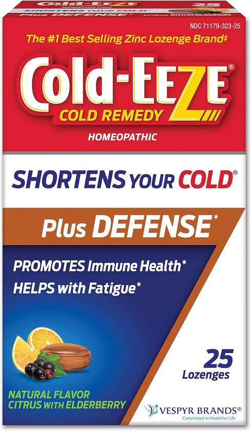 Cold-Eeze Plus Defense Natural Citrus Lozenges - Homeopathic Cold Remedy with Elderberry, Zinc, Promotes Immune Health,