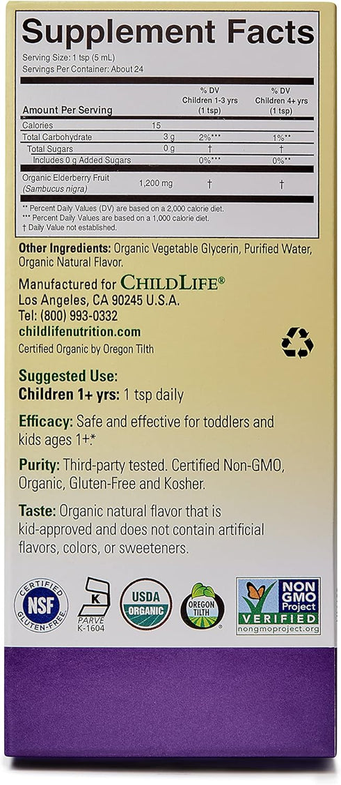 CHILDLIFE Essentials Organic Liquid Elderberry - Elderberry Syrup for Kids Immune Support, Non-GMO, 4 Fl Oz