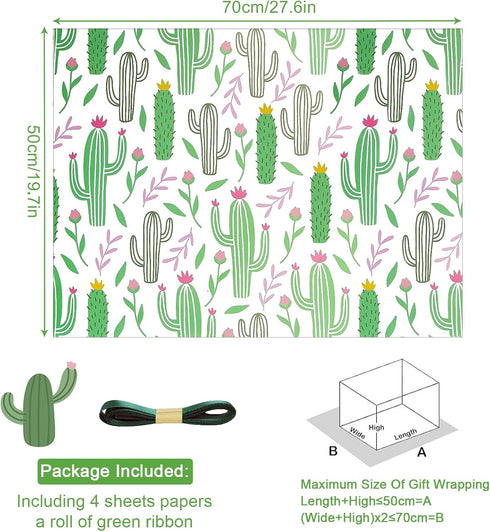 Cactus Wrapping Paper for Women Men, Green Cacti with Pink Yellow Flowers Tropical Gift Wrap Paper, 19.7x27.5 Inch Folded Flat Green Plant Art Paper for Summer Holiday Birthday Baby Shower DIY Craft
