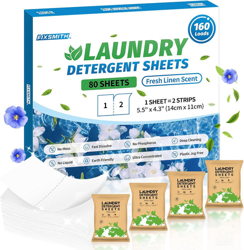 FIXSMITH Laundry Detergent Sheets, 160 Loads (80 Sheets), Fresh Linen Scent, Eco-Friendly, Ultra-Concentrated