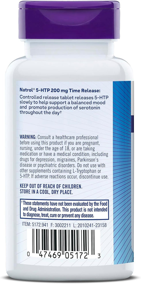 Natrol Mood + Stress 5-HTP 200mg Time Release Tablets, 30 Count, 30 Day Supply