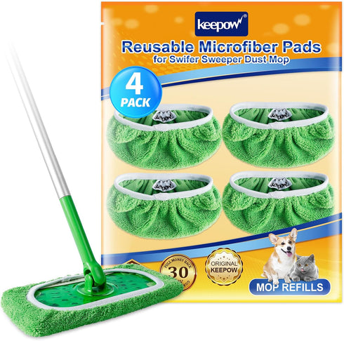 KEEPOW 4 Pack Reusable Wet Pads Refills for Swiffer Sweeper Mop, Microfiber Wet Mopping Cloths, Dry Sweeping Cloths for