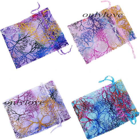 Tvoip 100Pcs Organza Drawstring Pouches, Coral Pattern Jewelry Packaging Bags (Mix) 4x6" (10x15cm)