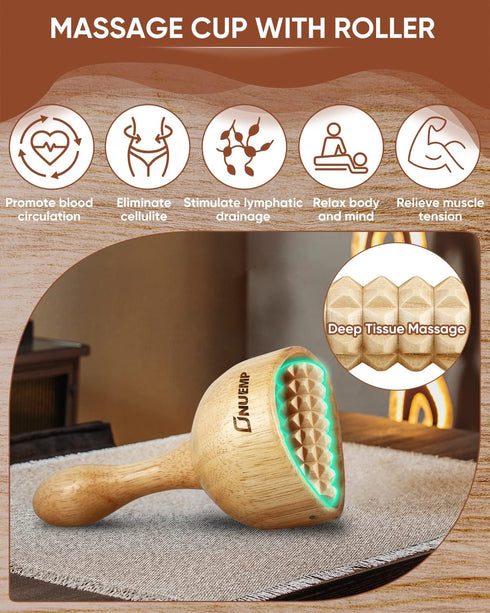 ONUEMP Wooden Therapy Cup with Roller, Wood Therapy Massage Tools, Maderoterapia Kit Colombiana, Fascia Roller for Body
