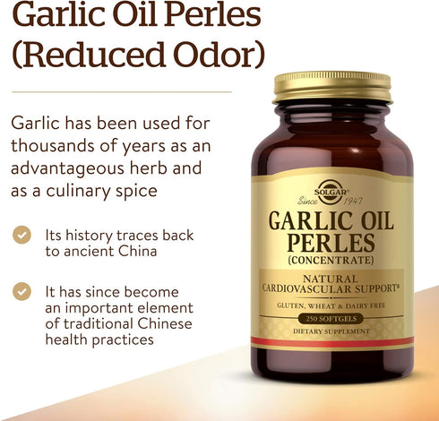 Solgar Garlic Oil Perles, 250 Softgels - Natural Cardiovascular Support, Garlic Oil Concentrate, Reduced Odor, Gluten