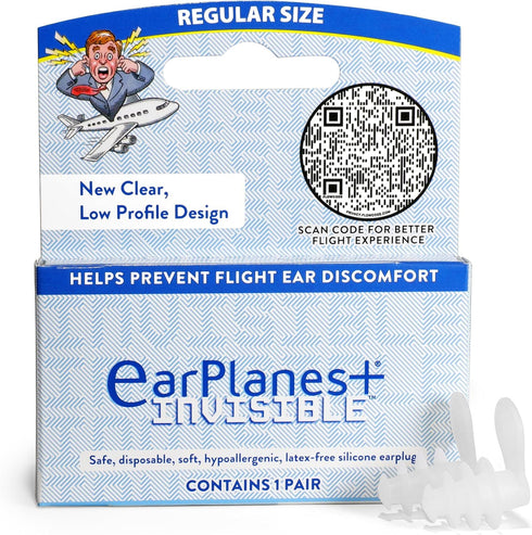 EarPlanes+ Clear Low-Profile Design Invisible Airplane Travel Ear Protection (Adult 1, Count)