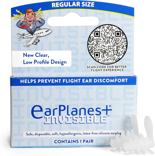 EarPlanes+ Clear Low-Profile Design Invisible Airplane Travel Ear Protection (Adult 1, Count)