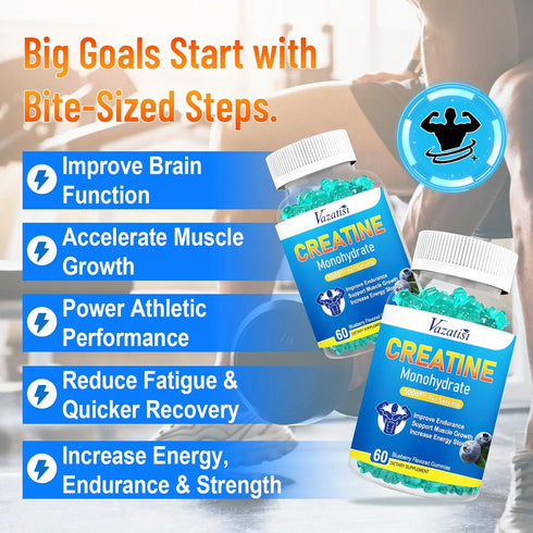 2 Pack Creatine Monohydrate Gummies 5g for Women & Men, Sugar Free Vegan Supplement for Build Muscles, Increase Energy