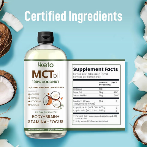 Keppi Keto MCT Oil - Flavorless C8 and C10, 32 oz, Non-GMO, Vegan, Gluten-Free, Kosher, Halal, Palm Oil Free