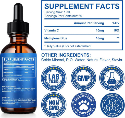 WeiWeiLa 60mL 1% 2-Month Pharmaceutical Grade Methylene Blue Drops - Pure for Brain Health Support, Natural Stevia
