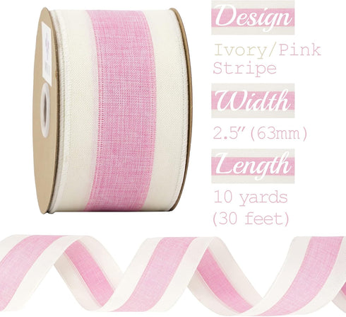 MEEDEE Pink White Stripe Wired Ribbon Pink Striped Ribbon 2.5 Inch Baby Pink Burlap Ribbon with Ivory Stripes Edge Light Pink Wired Ribbon for Wreaths Garland Lantern Mailbox Topper Bow (10 Yards) by MEEDEE