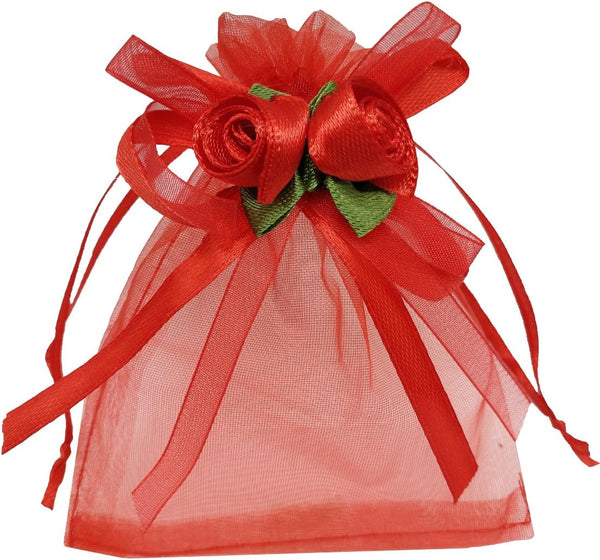 50pcs Sheer Organza Favor Bags - 3.8x4.8'' Gift Bags for Wedding Samples Display, Drawstring (Hot Red)