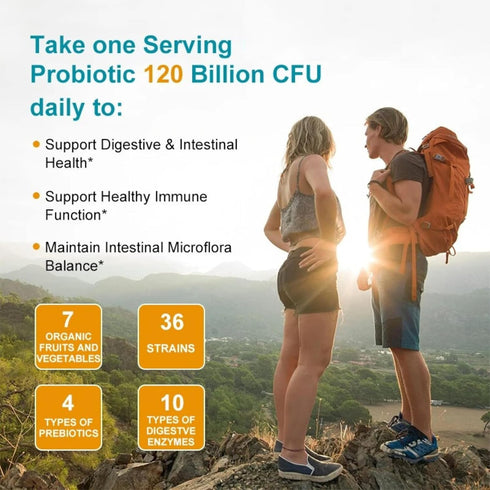 Probiotics 120 Billion CFU, 36 Strains + Organic Prebiotics & Digestive Enzyme Complex, 120 Softgels for Gut Health