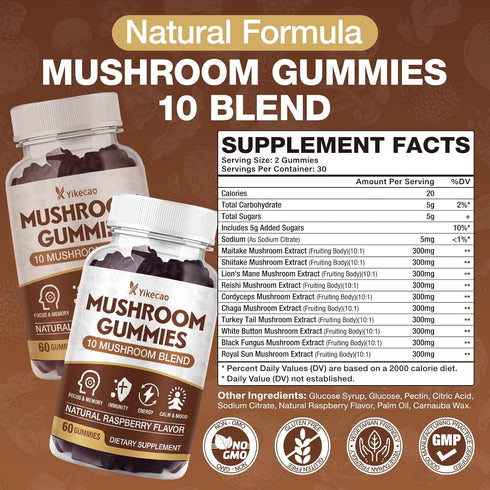 Yikecao Gummies 10 60 Count Mushroom for Adults, Blend Mushroom Supplement with Lions Mane, Cordyceps, Reishi, Chaga