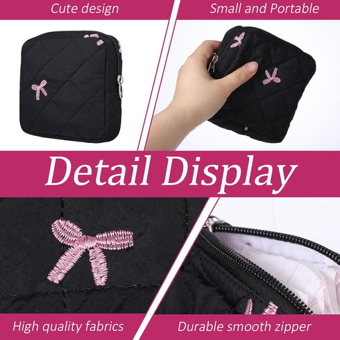Josojoou Cute Bow Sanitary Napkin Storage Bag with Dividers and Zipper, Cute Period Bag Pouch, Portable Tampon Holder