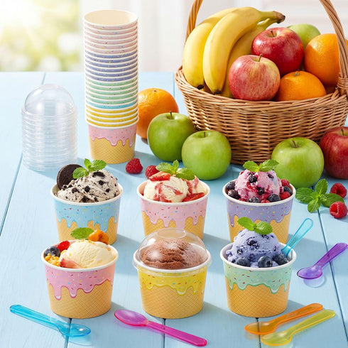 Jingmore 240 Set 6oz Ice Cream Paper Cups with Lids and Spoons, Disposable Sundae Bowls, Dessert Cups for Birthday