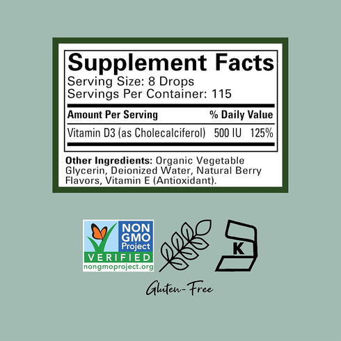 CHILDLIFE ESSENTIALS Vitamin D3 Drops - Vitamin D Drops for Infants, Baby Vitamin D Drops, Liquid Vitamin D, Kids Vitamin D, Immune & Bone Health, 500 IU - Natural Berry, 1 Fl Oz (Pack of 2)