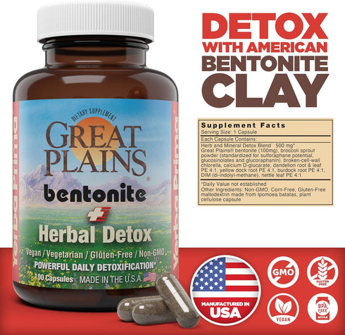 Yerba Prima Bentonite Clay Plus Herbal Detox, 100 Veg Capsules - Food Grade Colon & Liver Cleanse Supplement