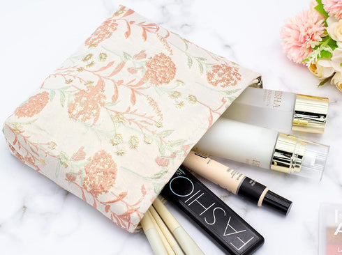 PAZIMIIK Large Zipper Makeup Bags for Purse, Travel Canvas Cosmetic Pouch, Brocade Flower Pink Organizer for Women and