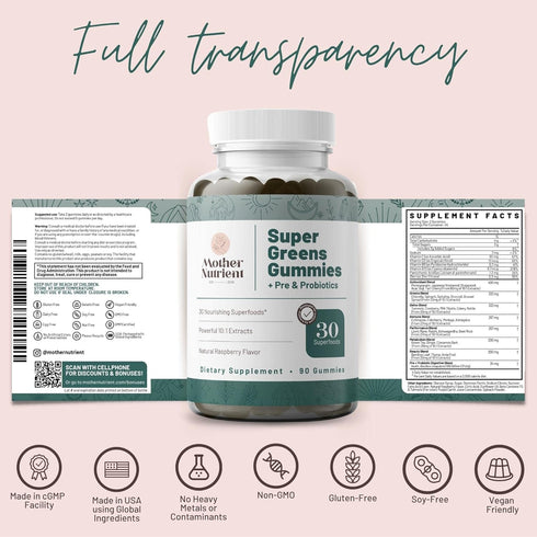 Mother Nutrient Super Greens Gummies for Women - with Prebiotics & Probiotics, 30 Powerful Greens Superfoods - 90