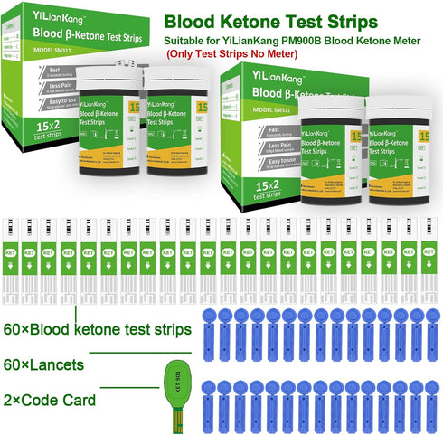 60 Blood Ketone Test Strips & 60 Lancets for Keto Diet and Ketosis Monitoring (Model SM311 for YiLianKang PM900B Meter)