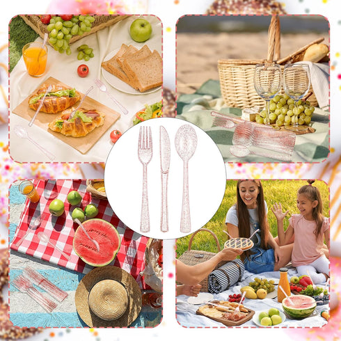 150 Pcs Pink Plastic Silverware Set, Disposable Plastic Flatware, Includes 50 Forks, 50 Spoons, 50 Knives for Birthday