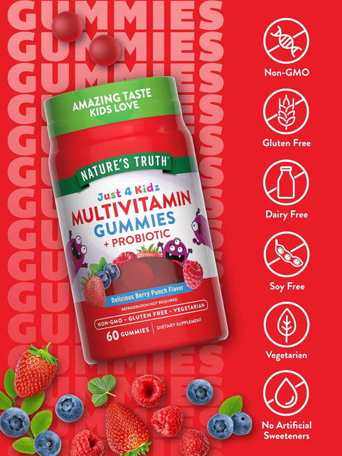 Gummies 60 Count Nature's Truth Kids Multivitamin with Probiotics | | Berry Punch Flavor | Vegetarian, Non-GMO & Gluten