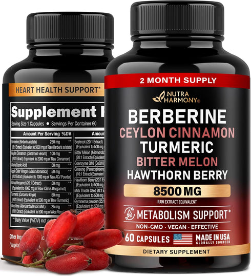 Berberine with Ceylon Cinnamon 10000 mg - 15-in-1 Supplement for Heart Support, Metabolism & Energy, 60 Capsules