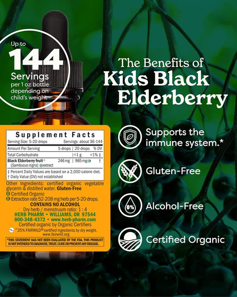 Herb Pharm Kids Certified-Organic Alcohol-Free Black Elderberry Glycerite Liquid Extract - 1 Ounce