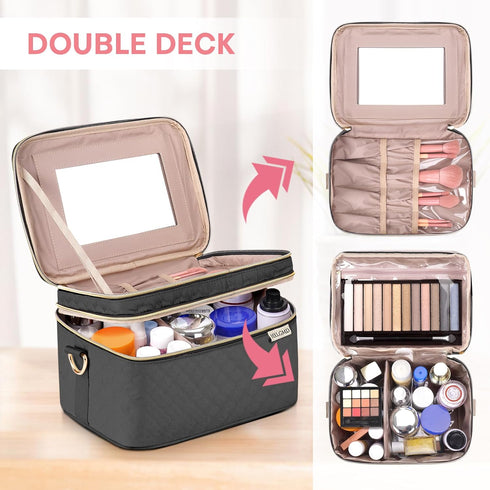 Double Layer Travel Makeup Bag Women, Cosmetic Organizer Case, Travel Essentials Accessories with Shoulder Strap for Bottles, Brushes, Conditioner, Skin Care Products, Black