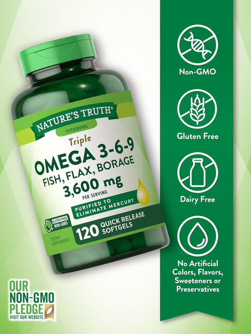 Nature's Truth Omega 369 Softgels - 3600mg, 120 Pills with Fish, Flax, & Borage Oil, Triple Strength, Non-GMO & Gluten