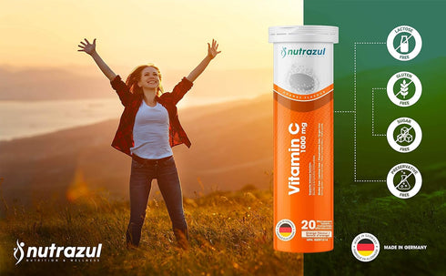 nutrazul Vitamin C 1000mg Effervescent Tablets - Orange 20’s (Pack of 3) | Gluten Free, Lactose Free, Sugar Free &
