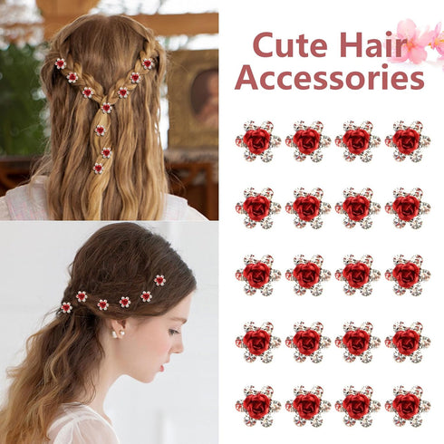 YISSION 20Pcs Mini Rose Flower Hair Clips - Cute Rhinestone Hair Pins Small Decorative Hair Clips for Girls Women