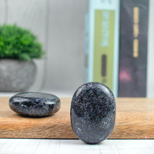 Indigo Gabbro Palm Stone, Large Oval Worry Stone for Chakra Healing, Hand Carved Pocket Massage Stone (55-60mm)