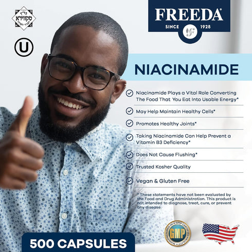 Freeda Niacinamide, Vitamin B3 Niacinamide 250 mg, Vegetarian No Flush Niacin Formula, 500 Capsules