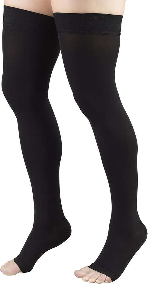 Truform 30-40 mmHg Compression Stockings, Thigh High Length, Open Toe, Black, Medium
