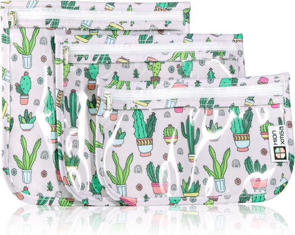 TSA Approved Toiletry Bag Set of 3 Clear Travel Quart Size Zipper Pouches, Waterproof Makeup Bag for Toiletries, Cacti A