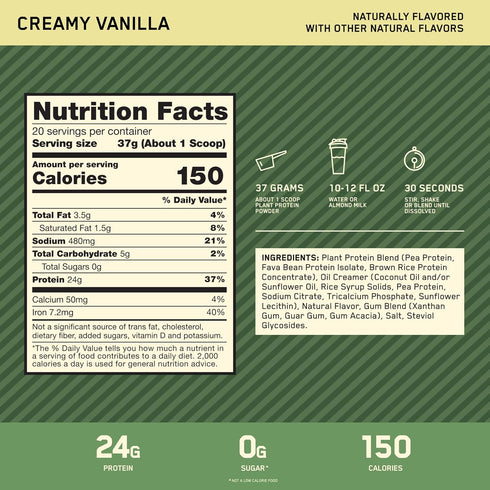 Optimum Nutrition Gold Standard Plant Based Protein Powder - Gluten Free, Vegan Protein for Muscle Support, Creamy