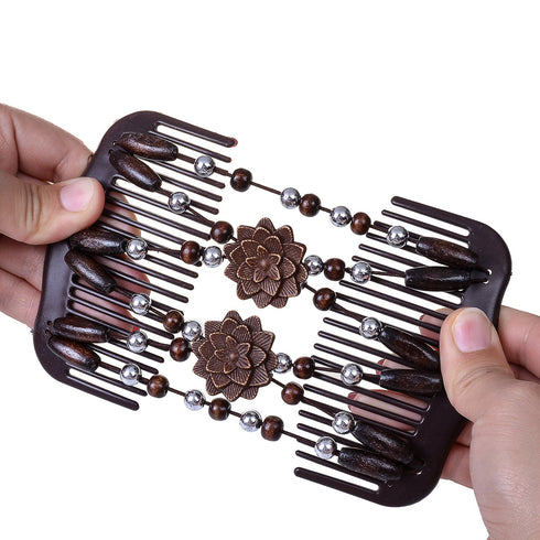 LOVEF Women Magic Hair Combs, Wood Beaded Stretch Double Side Combs Clips, Bun Maker Hair Accessories (Coffee)