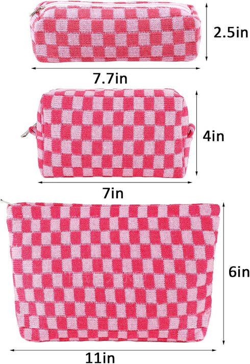3Pcs Checkered Makeup Bag for Women, Large Cosmetic Bag Set, Travel Toiletry Bag, Pink Zipper Organizer