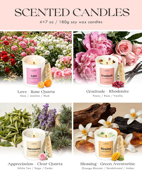 Set 4 Pack AOOVOO Mothers Day Candles for Mom - Candles for Home Scented, Aromatherapy Candle with Crystals, Gratitude