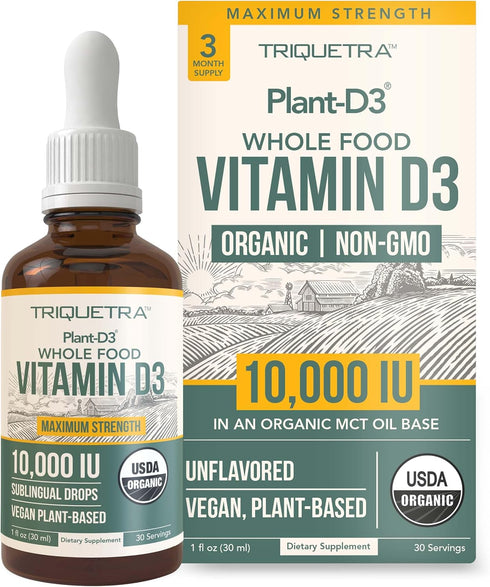 Organic Vitamin D3 10,000 IU, 30 Servings - Plant D3, Vegan, Max Strength Sublingual Liquid D3 Drops, 200% Higher