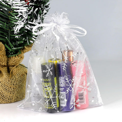 SUNGULF 100pcs Snowflake Organza Pouch Bag - Drawstring Strong Christmas Gift Candy Jewelry Party Wedding Favor Bags