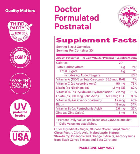 Pink Stork Total Postnatal Vitamin Gummies - Multivitamin for Postpartum Recovery & Lactation Support - 60 Gummy
