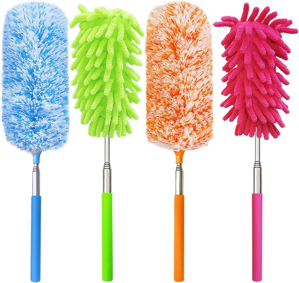 4 Pack House Cleaning Feather Duster Kit, Extendable Pole 13" to 30", Washable Microfiber Duster for Home and Office